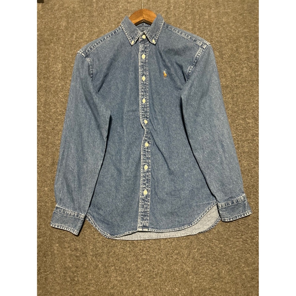 Ralph lauren denim button up shirt long sleeve youth Large flesh pony